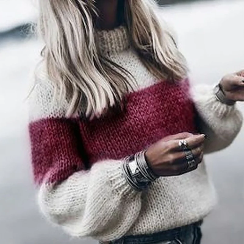 Autumn Winter Women's Loose Knitted Sweater Long Sleeve O-Neck PatchWork Pullover Sweaters For Female 2019 Fashion Warm Clothes