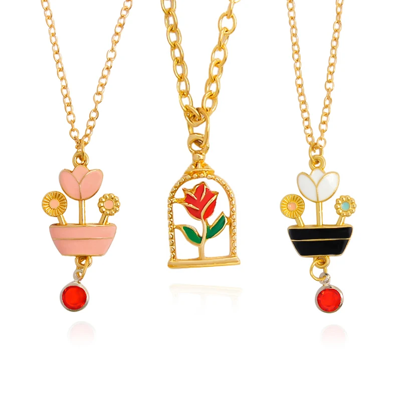 Lovely Rose Flowers Colorful Necklace Potted plants Flowerpot Red crystal Zircon Pendant Necklace Charm Choker for Women Jewelry