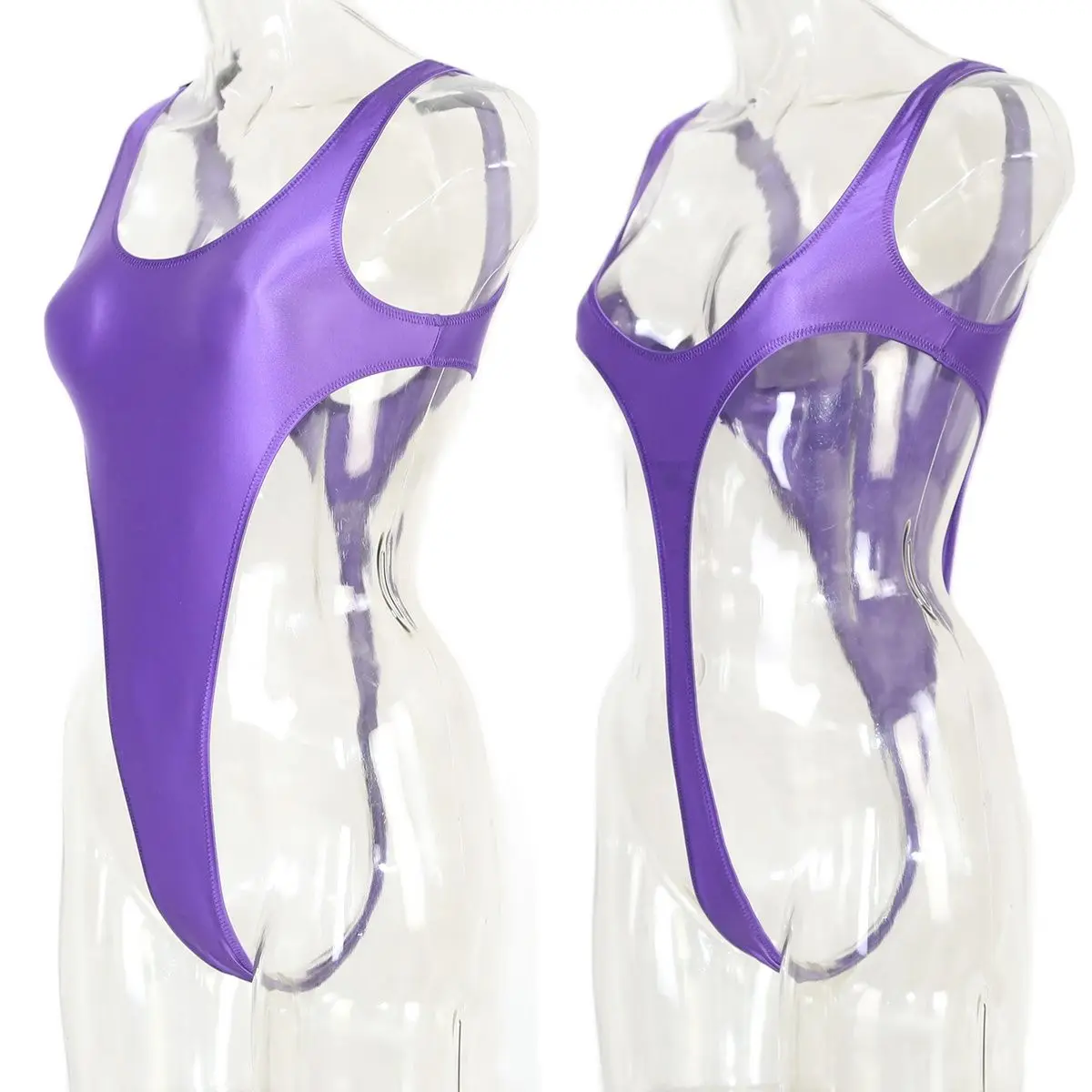 DROZENO Stretch sleeveless bathing suit before and after wearing a one-piece, high-fork, shiny, sexy bathing suit on both sides