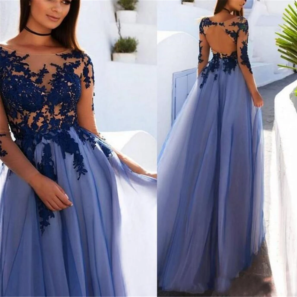 

Sexy Back Evening Dresses Bateau Long Sleeve A Line Floor-Length Prom Party Gown NONE Train Tulle Applique Dress Illusion Custom