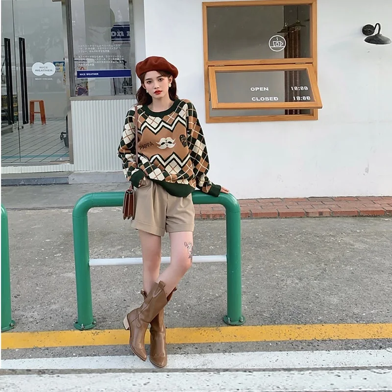 Printed Jacquard Round Neck Sweater Women 2021 Winter Vintage Plaid Loose Lazy Style Pullover Bottomed Sweater Casual Outerwear