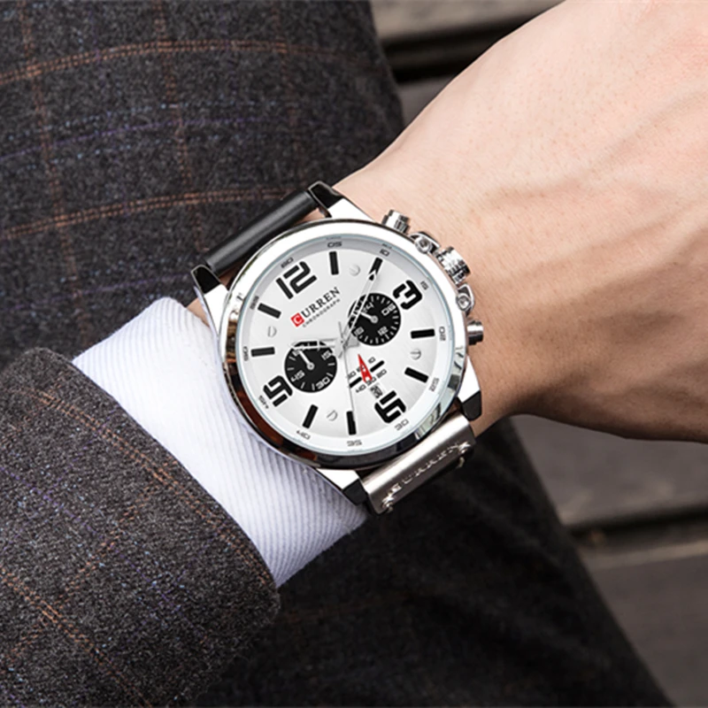 Fashion Classic Black White Chronograph Watch Men CURREN Men\'s Watches Casual Quartz Wristwatch Male Clock Reloj Hombre