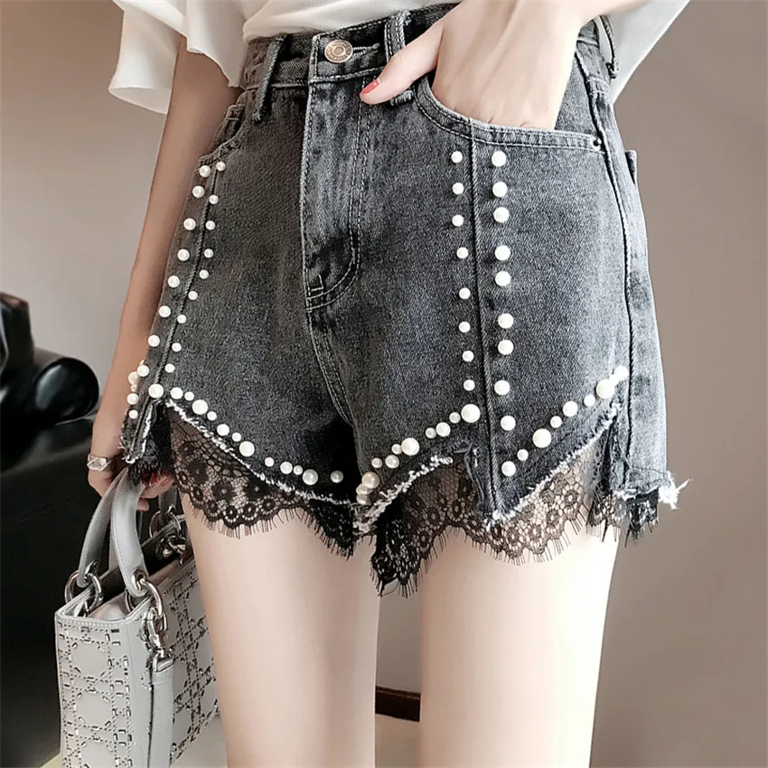 

Gowyimmes 20 New Summer Lace Jeans Shorts Women High Waist Beading Shorts Big Size Girl Hole Denim Shorts Streetwear Hot PD828