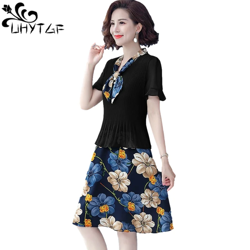 UHYTGF Mother Summer Dress Fashion Fake Two Piece Printed Chiffon Dress Short Sleeve Pullover Womens 5XL Big Size Dresses 1347