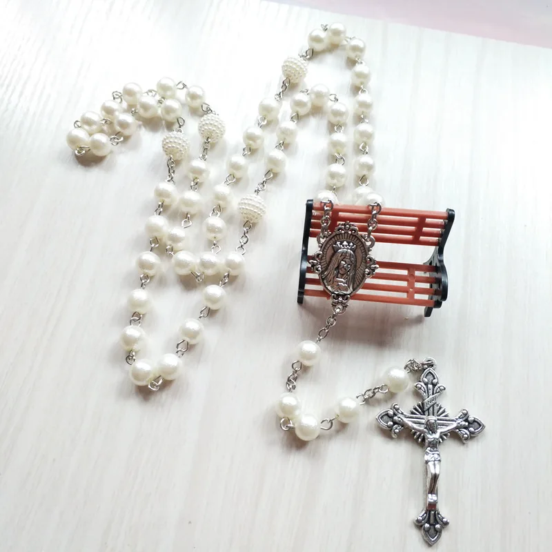 QIGO White Acrylic Pearl Long Catholic Necklace Cross Pendant Rosary Necklace Religious Jewelry