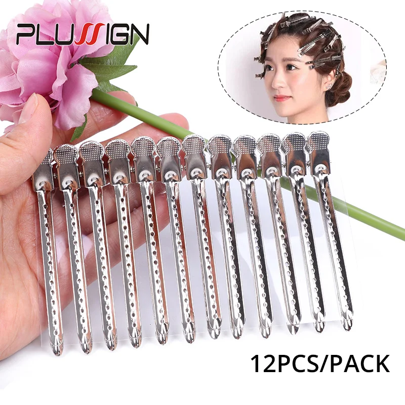 12Pcs Duck Bill Clips Plussign Rustproof Metel Aligator  Curl Clips With Holes For Hair Styling Hair Coloring Stainless Steel