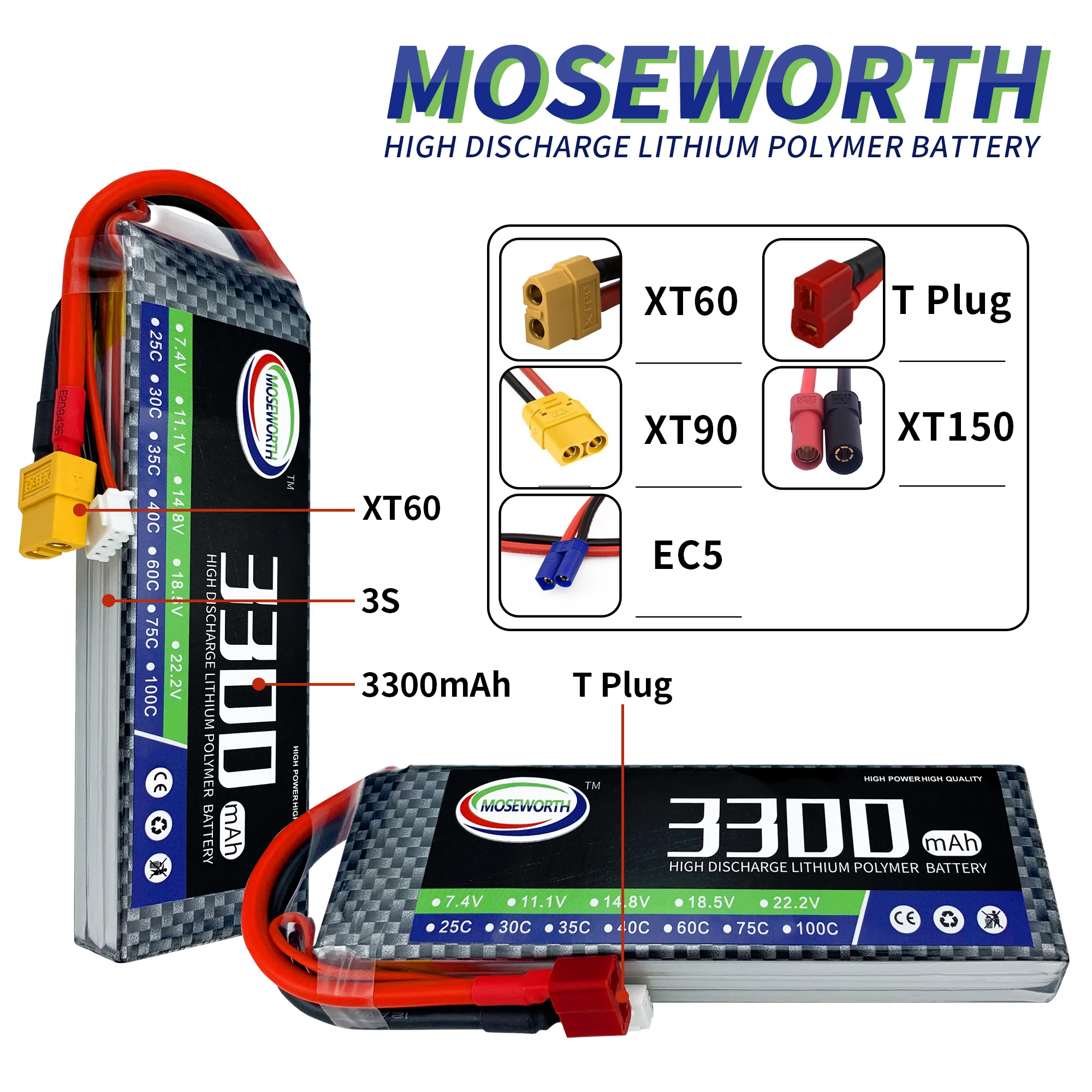 3S 11.1V MOSEWORTH LiFePo4 3300mAh 30C 40C 60C RC LiPo Battery Lithium Battery For Quadcopter Drone Car Boat Airplane