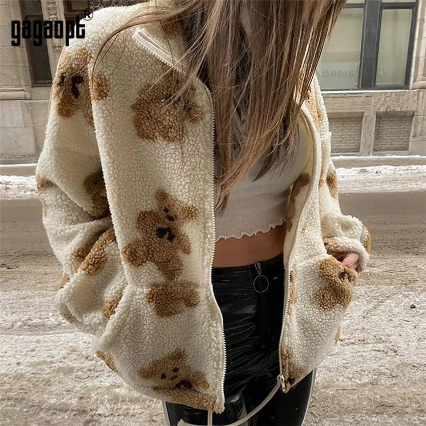 

Gagaopt, эстетичная верхняя одежда, кавайная зимняя одежда, женское плотное пальто из овечьей шерсти с медведем, оверсайз, топ на молнии с длинным рукавом для E-girl