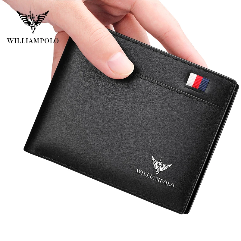 

WILLIAMPOLO Men's Slim Wallet Genuine Leather Mini Purse Casual Design Wallet Fashion Brand Short Small Pouch Gift 181342