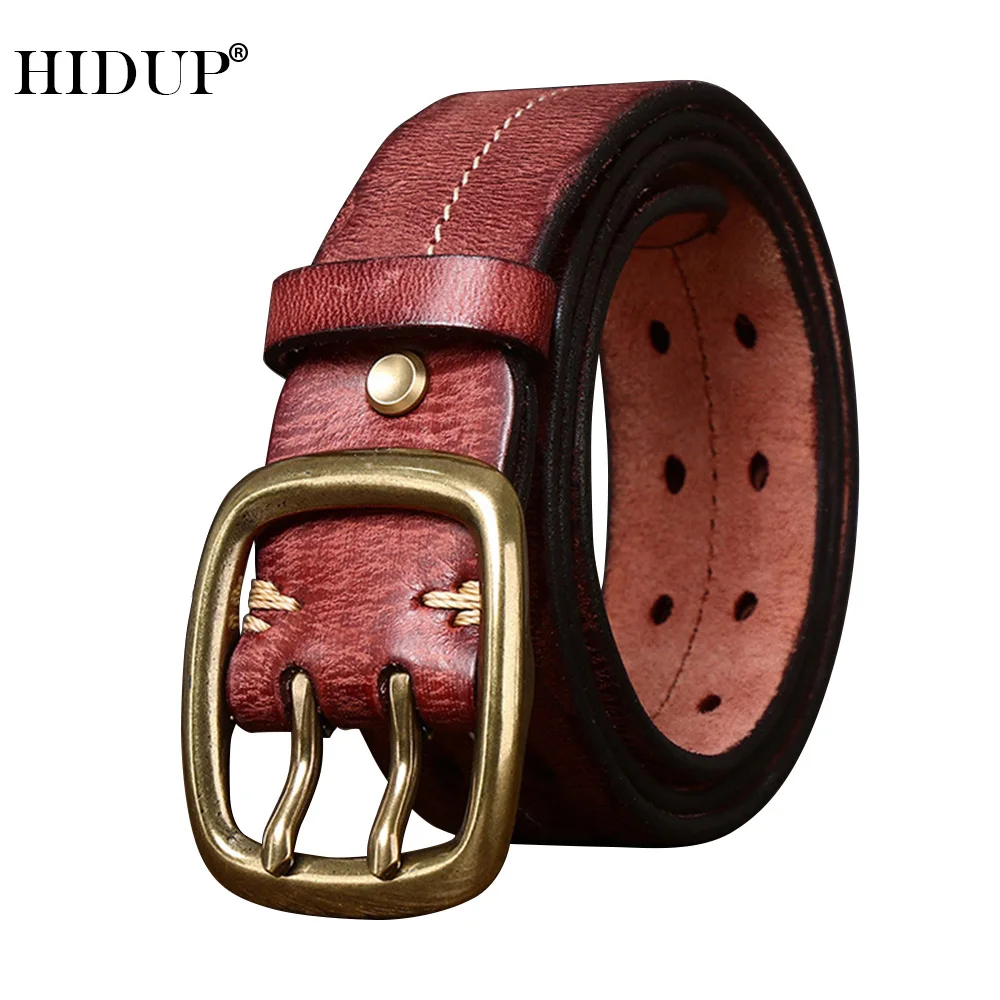 HIDUP Unique Design Brass Double Pin Buckle Metal Retro Style Cowskin Leather Belt Solid Cowhide Belts Jeans Accessories NWJ1090