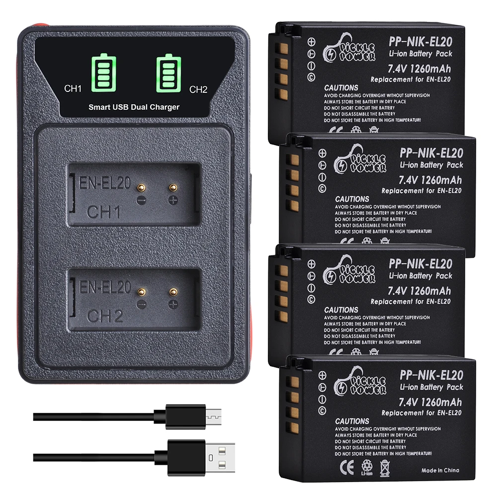 Pickle Power Camera Battery EN-EL20 EN EL20a LED Built-in USB Dual Charger for Nikon Coolpix P1000 Nikon 1 J1 J2 J3 Nikon1 AW1