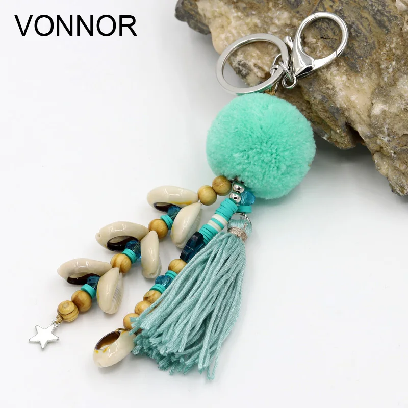 Fashion Jewelry Keychain Women Bag Decoration Accessories Bohemian Car Pendant Shell Tassel Pompom Beaded Key chains