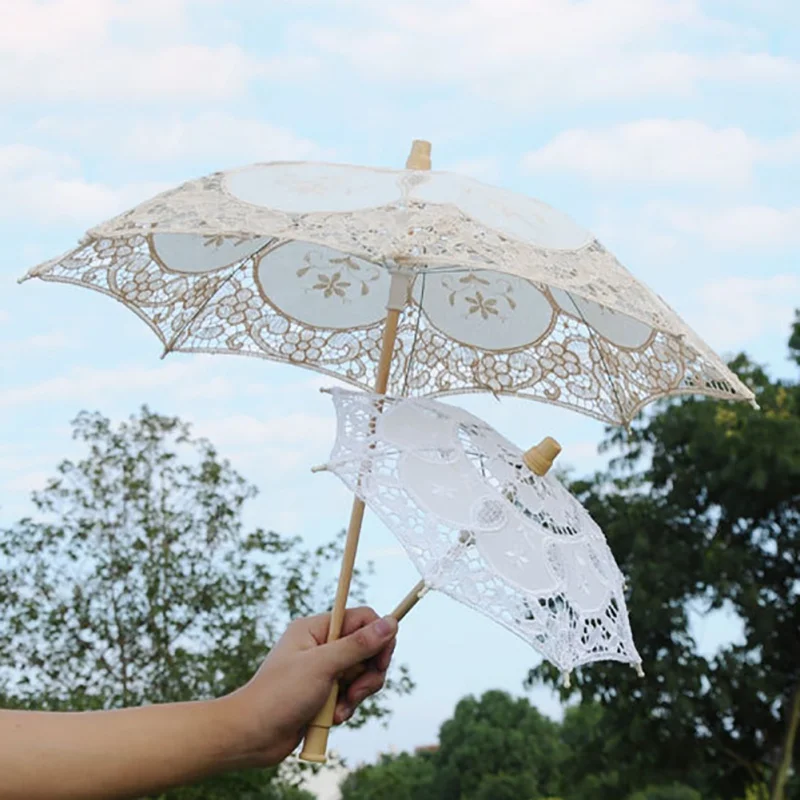 Sun Umbrella Cotton Embroidery Bridal Umbrella White Ivory Battenburg Lace Parasol Umbrella Decorative Umbrella for Wedding