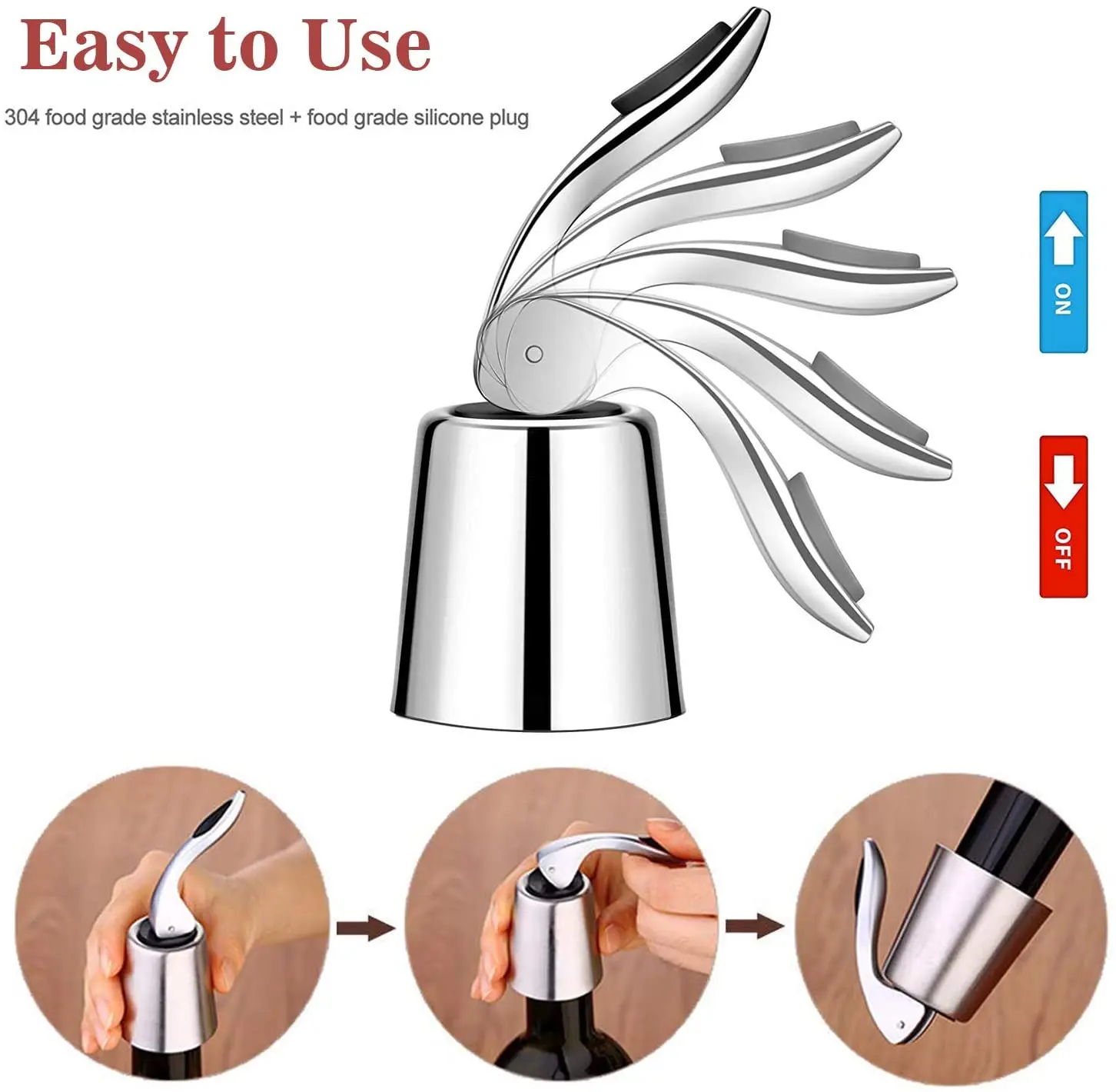 Stainless Steel Wine Bottle Stopper with Silicone Seal Decorative Wine Preserver Reusable Wine Cork Keeps Wine Fresh