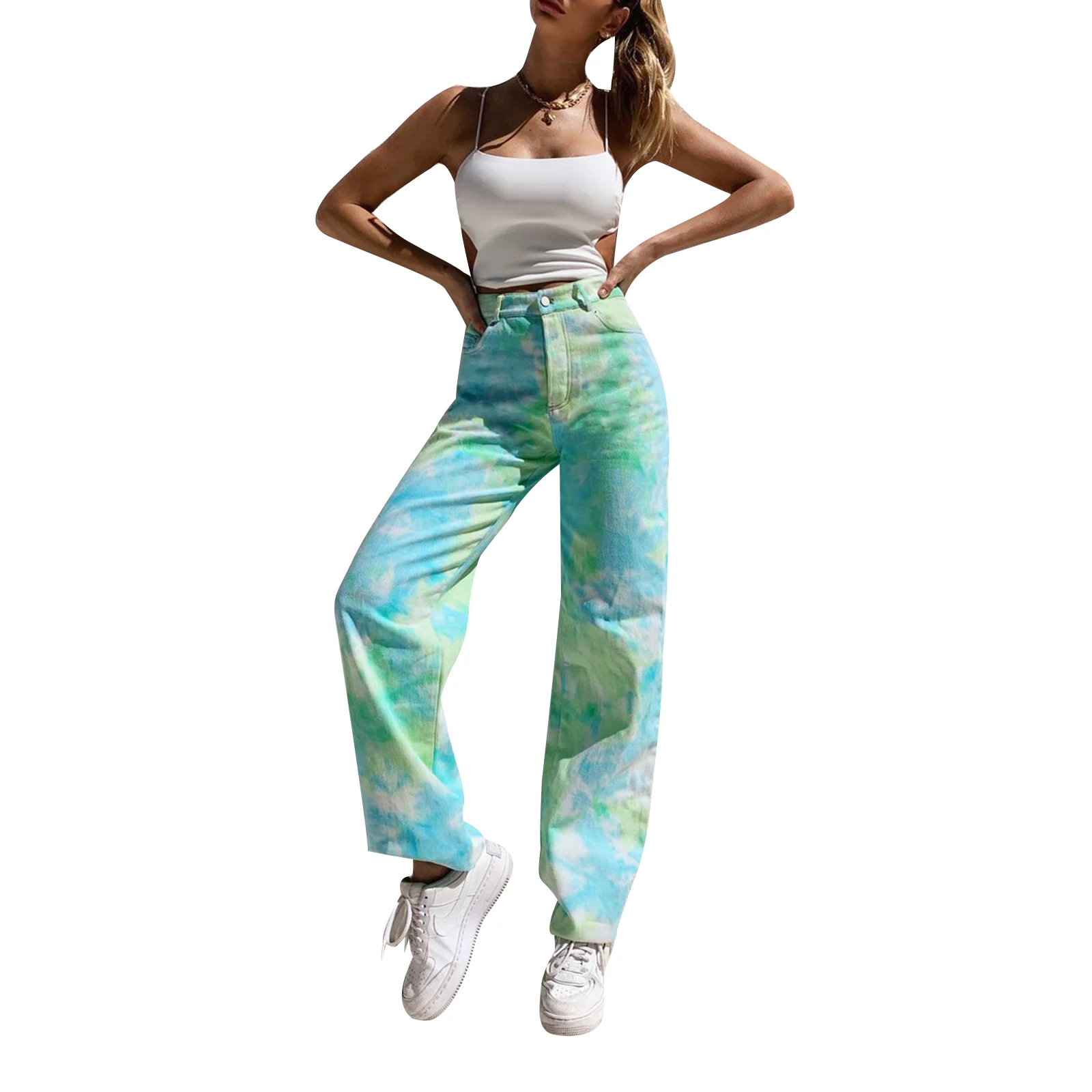 Nice Pop Woman's Tie-dye Print Casual Jeans, Green Loose Denim Long Trousers With Pocket, Daily Life