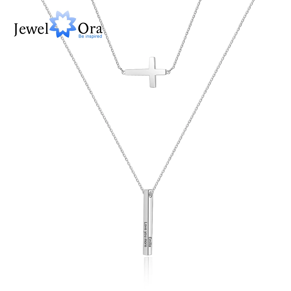 

Personalized Name Engraved 4 Sides Vertical Bar Necklaces & Pendants Stainless Steel Cross Layered Necklaces for Women Jewelry