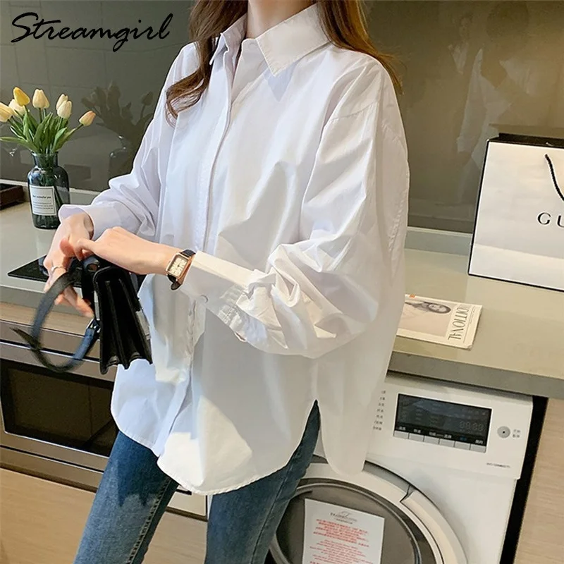 Oversize White Shirt Women Autumn Turn-down Collar Solid Blouses Women\'s Shirts Casual Loose Cotton Shirt Women Overzise White