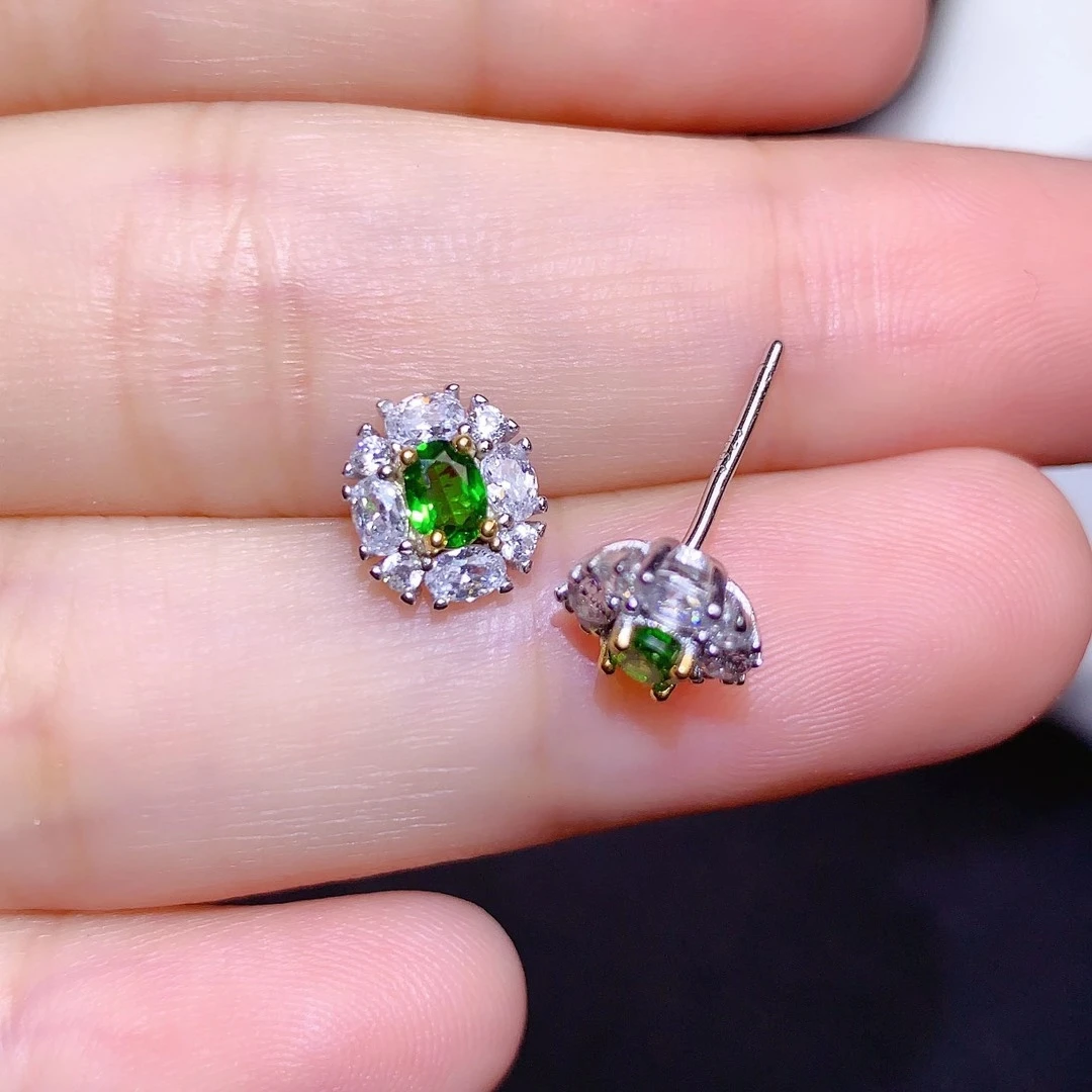 Fine Jewelry 925 Pure Silver Chinese Style Natural Diopside Girl Luxury Classic Oval Gemstone Earrings Ear Stud Marry Party