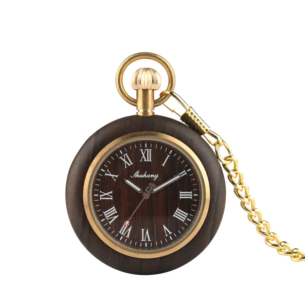 Roman Numerals Wooden Quartz Pocket Watch Gold Fob Chain Pendant Clock Male Open Face Vintage Wooden Pocket Timepiece