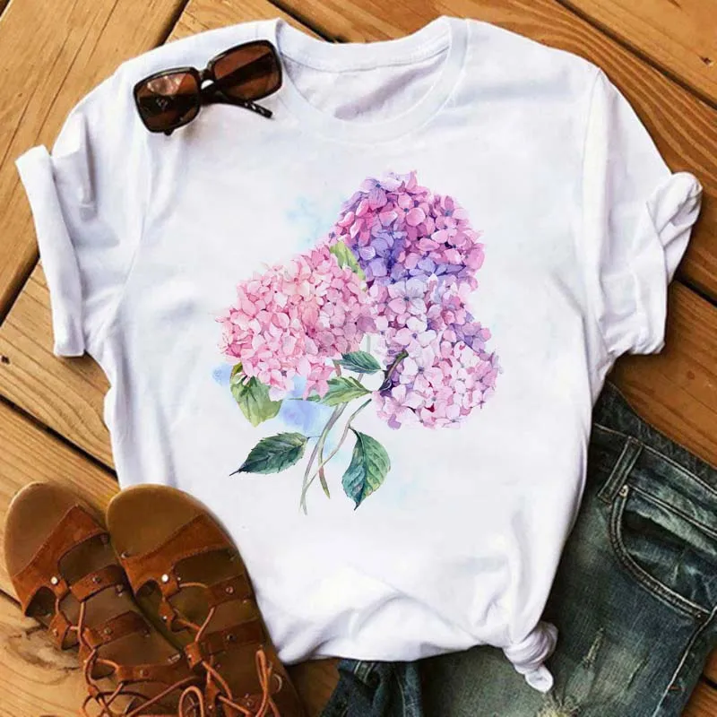 Women T-shirt Short-sleeved Rose Dandelion Print Flower Tops Summer Casual Ladies Harajuku Plus Size Graphic Woman T Shirt