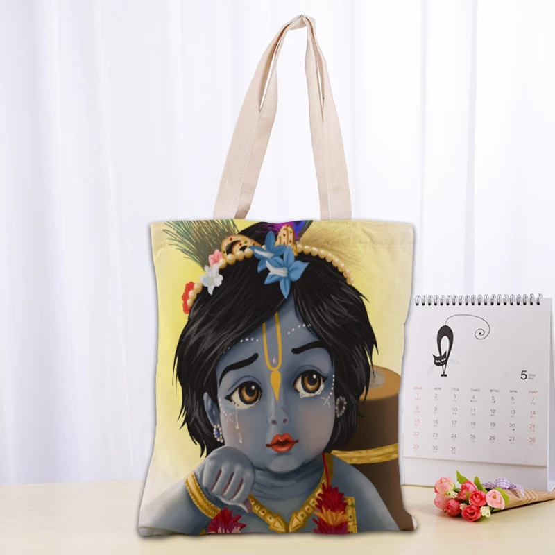 Custom Radha Krishna Tote Bag Women Canvas Fabric Bags Eco Reusable Shopping Bags Traveling Beach Casual Useful Shoulder Bag
