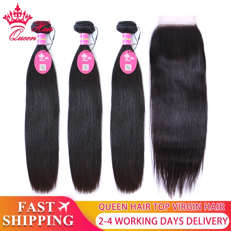 Top Qulaity  Brazilian Virgin Straight Raw Hair Bundles With Closure Natural Color 100% Human Hair Lace Closure Queen Hair