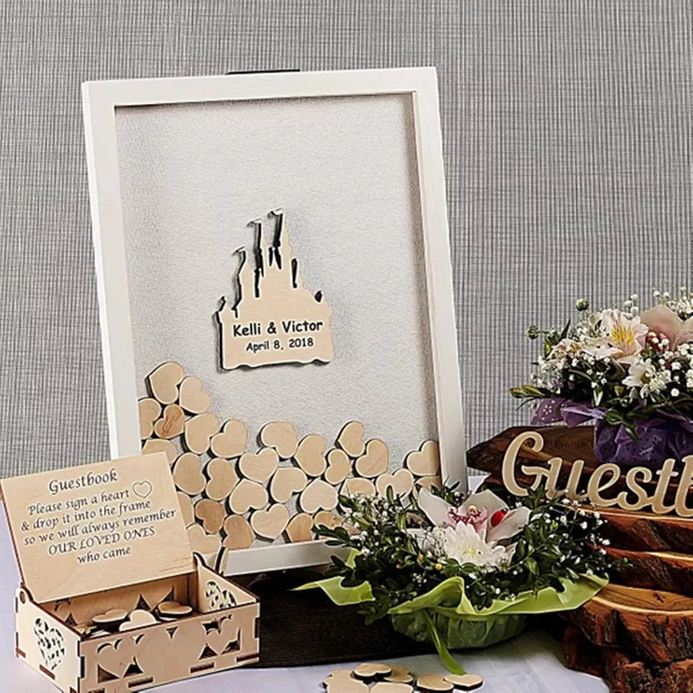 

Customized names text White Frame Wedding Guest Book Alternative Drop Top Guestbook Wood Heart Guestbook with wedding sign