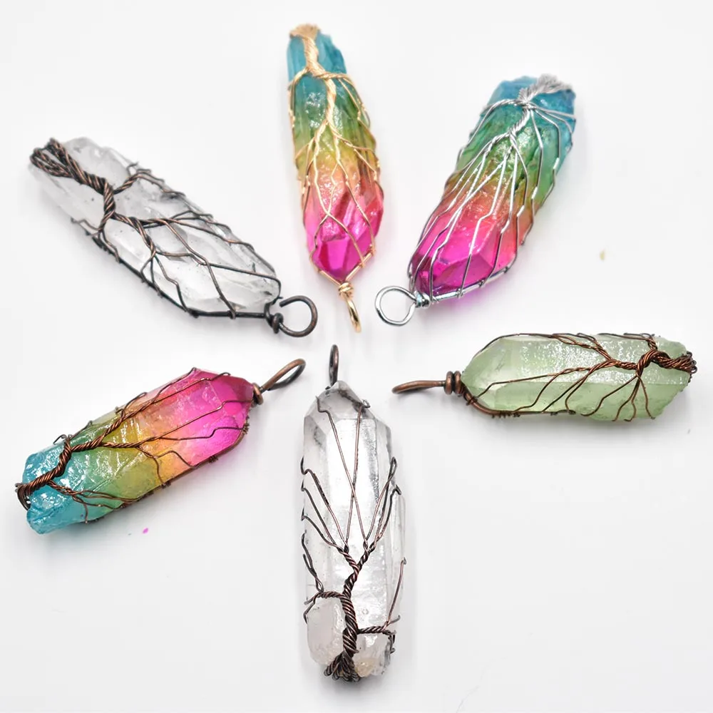 

Natural Crystal Pillar mixed Pendants Handmade Antique Copper Wire Wrapped Tree of Life Wholesale 6Pcs/Lot for Necklace Jewelry