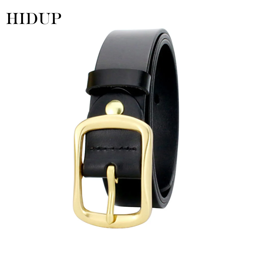 

HIDUP Men's Top Quality Design Cow Skin Cowhide Leather Belt Brass Pin Buckle Metal Belts Casual Style Jean Accessories NWWJ135