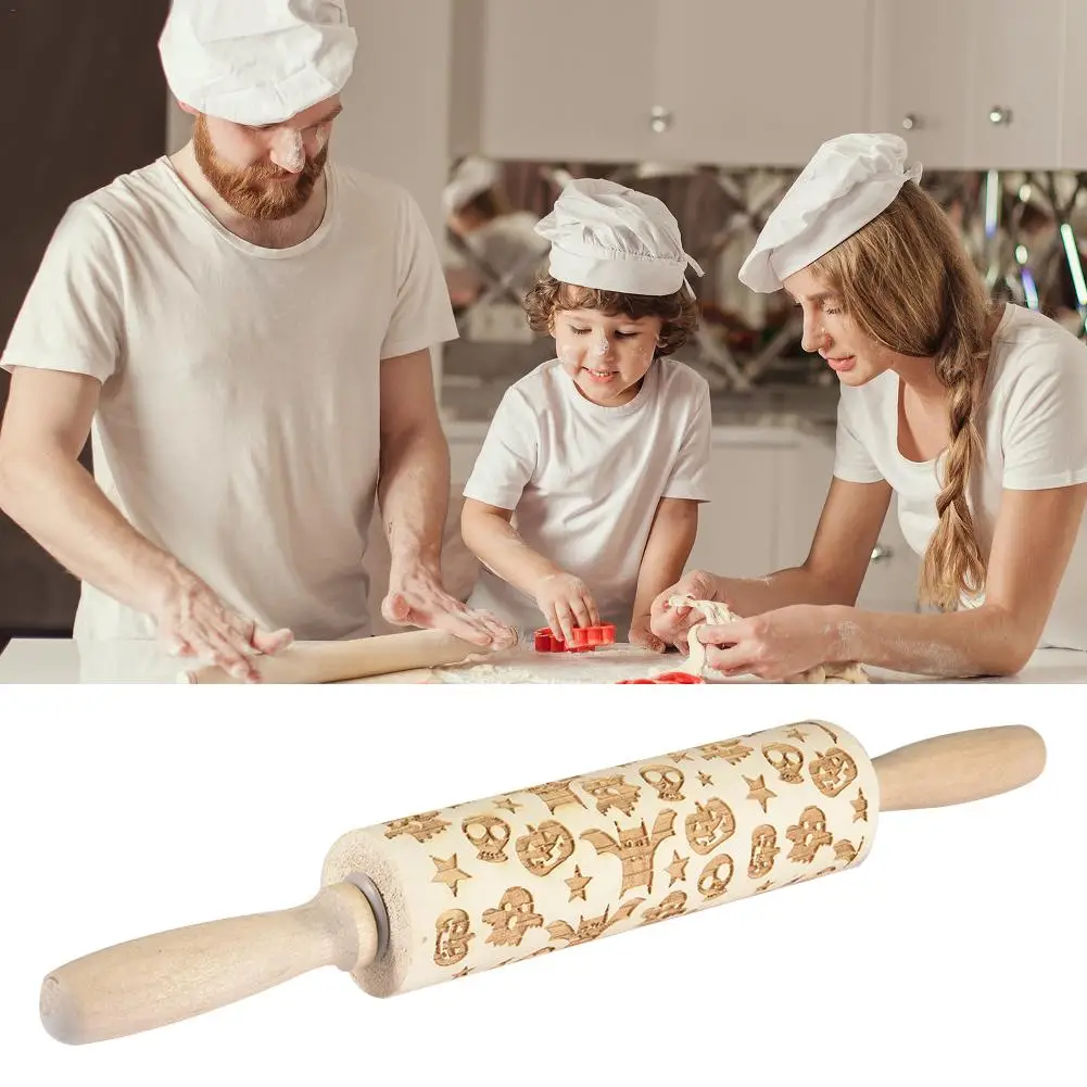 35*5cm Christmas Embossing Rolling Pin Rock Printed Cookies Fondant Cake Dough Engraved Halloween Decor Pumpkin Skull Roller