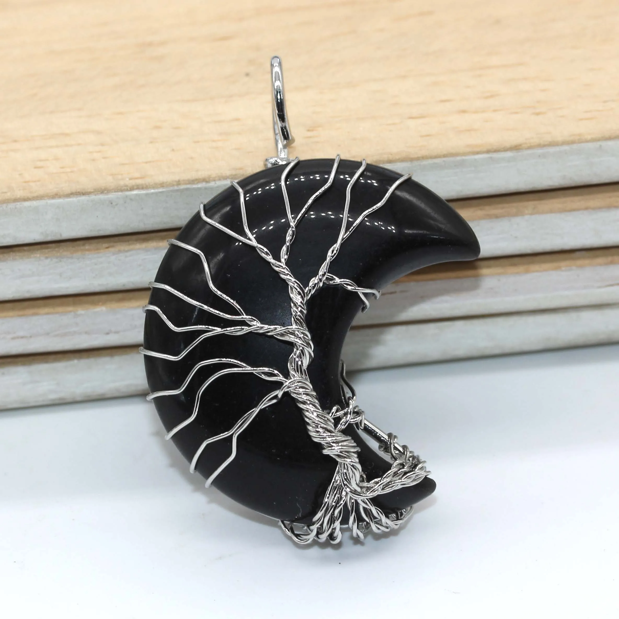 

Silver Plated Wire Wrapped Tree of Life Crescent Moon Black Agate Stone Pendant Charm Jewelry For Women Necklace DIY No Chain