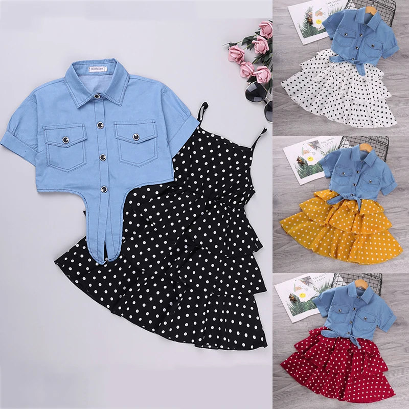 

Kids Clothes Baby Girls Denim Jacket Short Sleeve Tops Polka Dot Slip Layered Dress Set Summer Outfits