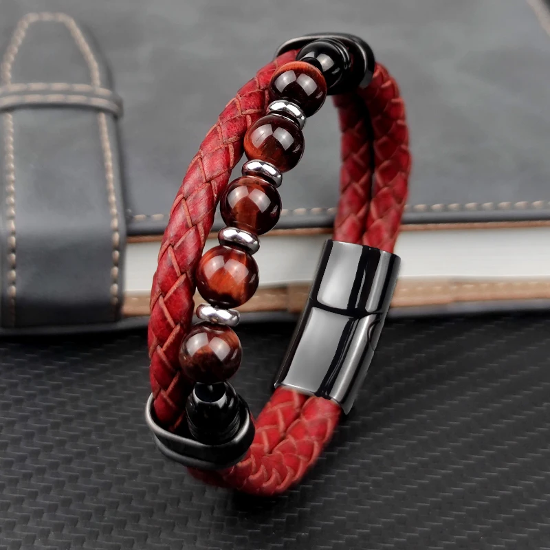 New Red Natural Round Chakra Bead Stone Men's Bracelet Classic Red Genuine Leather Stainless Steel Bangles Women Fashion Jewelry