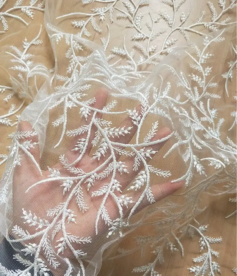 Exquisite Venice Lace Fabric In Ivory Leaf Embroidered Tulle Fabric For Wedding Bridal Gowns 1 Meter