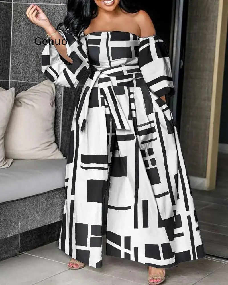 

2021 Autumn Jumpsuits High-End Chiffon Full Sleeve Strapless Sexy Young Free Women Loose Wide Leg Jumpsuits