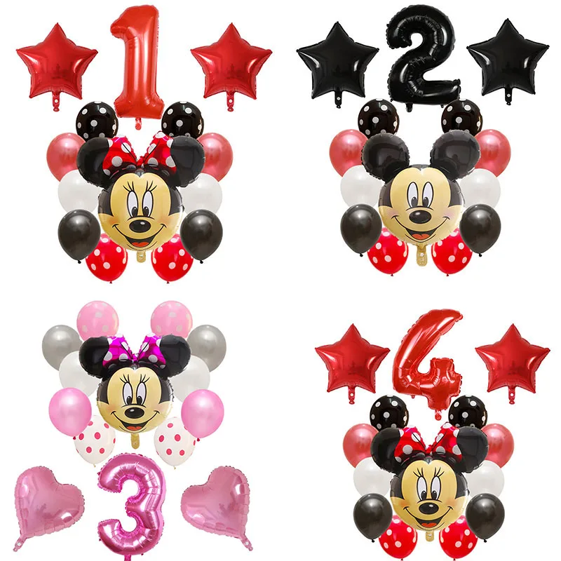 14pcs Mickey Minnie Mouse Foil Balloon Number Latex Balloons Baby 1 2 3 4 5 6 7 8 9st Birthday Party Decoration Kids Toy Globos