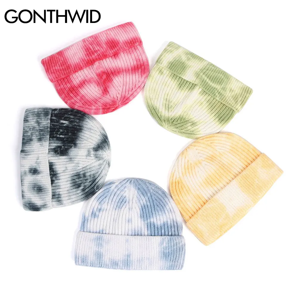 

GONTHWID Knitted Tie Dye Beanies Hats Plain Cuff Beanie Knit Ski Cap Casual Skull Warm Solid Color Winter Blank Headwear Bonnets