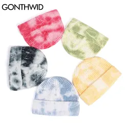 GONTHWID Knitted Tie Dye Beanies Hats Plain Cuff Beanie Knit Ski Cap Casual Skull Warm Solid Color Winter Blank Headwear Bonnets