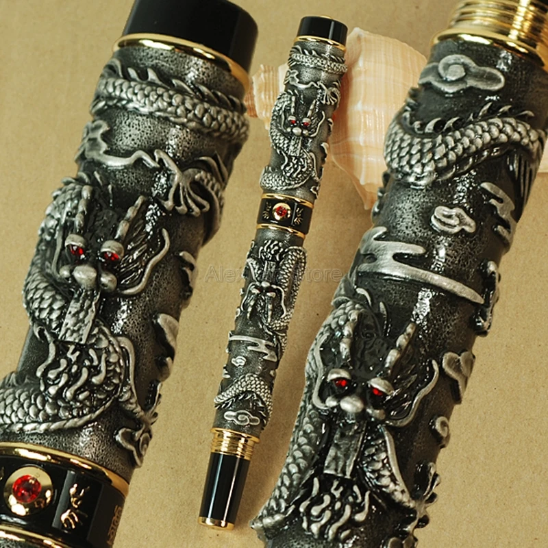 Jinhao China Style Roller Ball Pen Double Dragon Playing Pearl Metal Carving Embossing Heavy Pen Grey For Writing Gift Pen