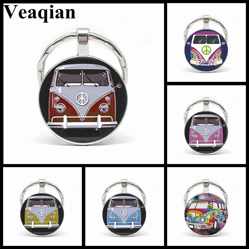 2019 / new retro hippie peace sign van bus keychain fashion men and women wallet bag car pendant key chain ring holder jewelry