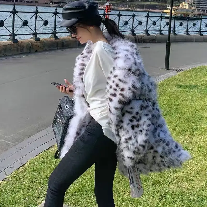 Faux Fur Jacket for Women Female Loose Full Sleeve Turn-down Collar Leopard Plush Jacket Furry Casual Long Coat Winter New