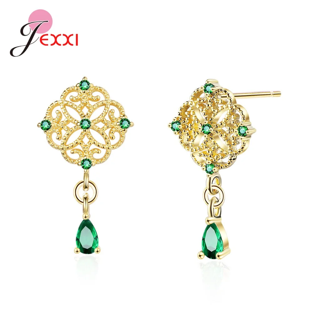 Drop Earrings For Women  Retro Cute Hollow Micro-inlaid Green Zircon 925 Silver Needle Earing Wedding Bridal Jewelry