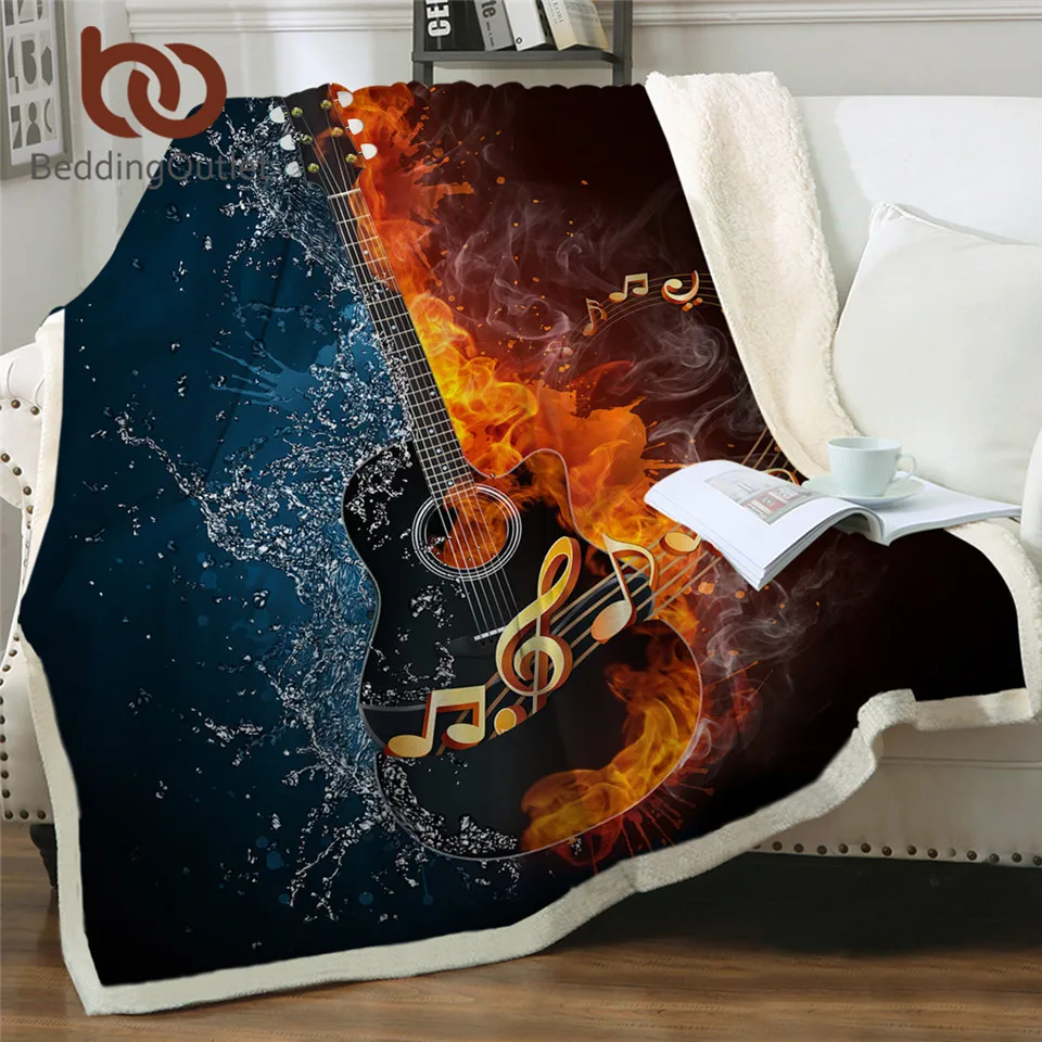 

BeddingOutlet Fire And Water Sherpa Blanket Guitar Bass Plush Soft Throw Blanket Music Thin Quilt for Youth 3D Printed Bedding