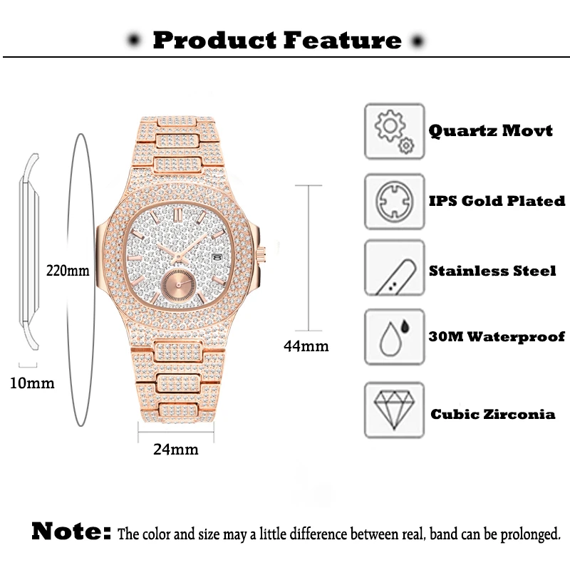 Unique Watch Men Luxury Brand Patek Trending Mens Fashion Rose Gold Watch Quartz Clock Chronograph Diamond Steel Iced Out Watch