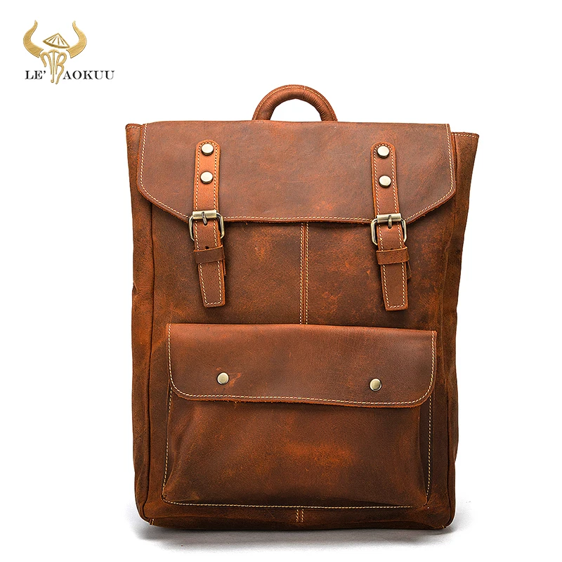 

2021 Men Crazy Horse Leather Vintage Travel Bag University School College Book Bag Design Male Backpack Daypack Student Bag 9340