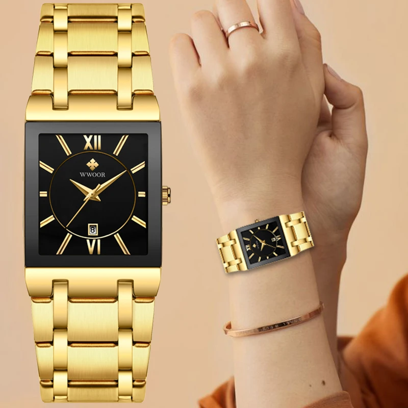 New WWOOR Ladies Watch Luxury Brand Women Gold Square Wristwatch Minimalist Analog Quartz Movement Casual Watch Relogio Feminino