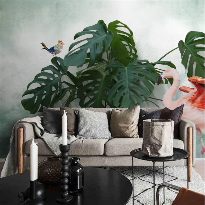 Custom Mural Wallpaper Small Fresh Monstera Leaf Flamingo Background Wall Painting