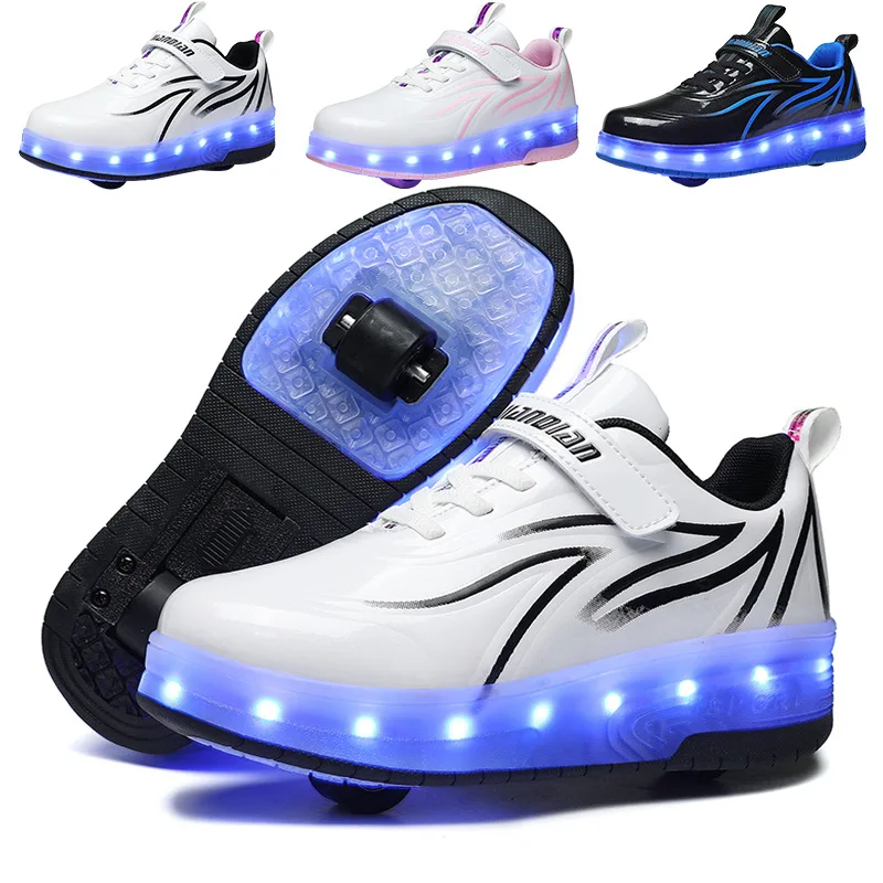 Two Wheels Children LED Shoes Fashion USB Charging Casual Sports Kids Roller Skate Boys & Girls & Women Sneakers Size 28-41