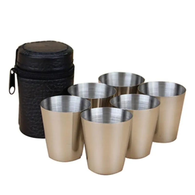 6Pcs/4pcs Polished 30 Ml Mini Stainless Steel Cup Drinking Wine Glasses With Leather Cover Bag Drinkware For Home Kitchen Bar