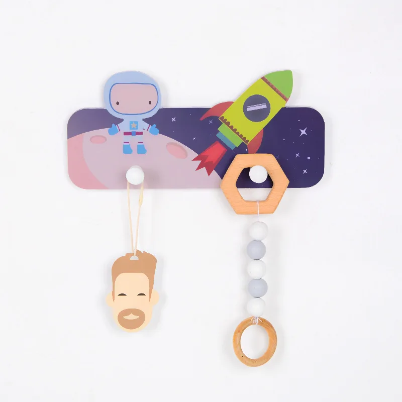 Nordic Wood Boy Children Coat Hooks Room Decoration Cartoon Astronaut Clothes Wall Hanger Hat Key Holder Home Decor Accessories